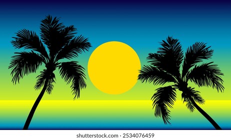 silhouette of a coconut tree with a sea and sunset in the background. Summer background