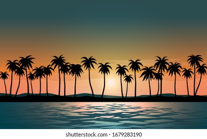 Silhouette of coconut  trees on tropical beach