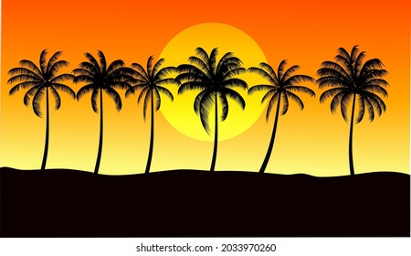 Silhouette of coconut trees, at sunset.