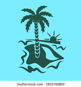 silhouette of coconut trees and sunset behind the seaside scenery illustration