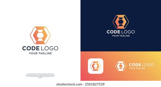 silhouette coder logo design, Abstract coding hexagon with gradient color branding.