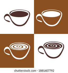 Silhouette of coffee cups, with coffee. On a white, brown background. For symbols, icons, illustrations, and design.