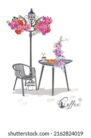 Silhouette de una mesa baja con tazas y una cafetera con una linterna y flores. Ilustración vectorial dibujada a mano.