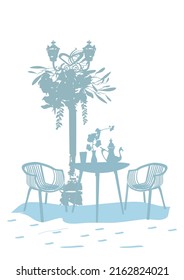 Silhouette of a coffee table with cups and a coffee pot with a lantern and flowers. Hand drawn vector illustration.