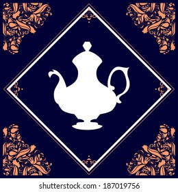 Silhouette of a coffeepot framed with floral elements