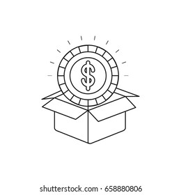 silhouette coin with dollar symbol inside coming out of cardboard box vector illustration