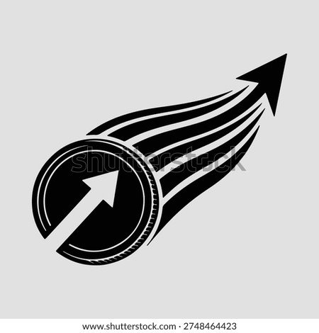 Silhouette of a coin graphic with an arrow pointing upwards. This design can be used for various financial or business-related illustrations, especially those related to investment, growth, and market performance. Available as a scalable vector graphic.