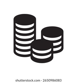Ícone de pilhas de moedas de silhueta. Perfeito para finanças, poupança, renda e temas bancários. Representa dinheiro, crescimento e riqueza. Ilustração vetorial.