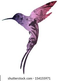 silhouette of colibri in tropical flowers, grass and insects. white background, vector illustration