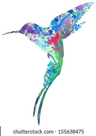 silhouette of colibri in tropical flowers, grass and insects. white background, vector illustration