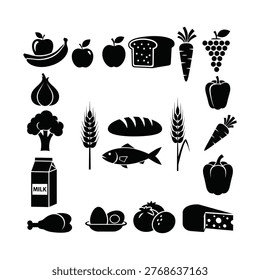 Silhouette collage of assorted food items including fruits, vegetables, dairy, bread, and fish arranged in a grid.