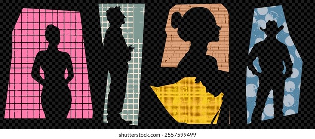 Silhouette collage of cowboy man and woman. Abstract texture with diverse people pattern. Colorful background featuring textured paper elements, creative design at the transparent bg as a png.