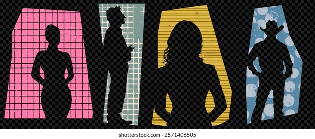 Silhouette collage of paper cutout cowboy man and woman. Grid texture element set on transparent background as a PNG. Abstract people and human design.