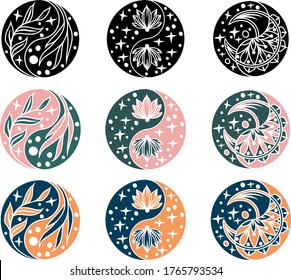 Silhouette collection of abstract Yin Yang symbol with mandala, moon, lotus, star. Indian silhouette yoga illustration. Vector mandala clipart for card, print, packing, poster in yoga style