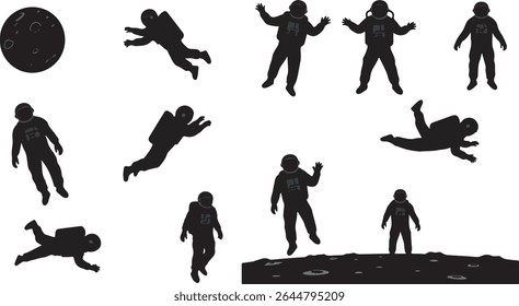 Silhouette collection of astronauts floating spacewalking near the moon. Perfect for space exploration themes, graphic design projects and science fiction.