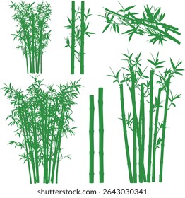 Silhouette collection of bamboo stalks in various arrangements, isolated on a white background. Perfect for design projects needing a natural, Asian-inspired element.