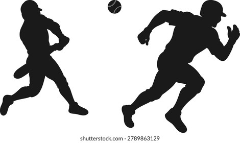 silhouette collection of baseball offensive actions isolated on a white background. Includes a dynamic batter character performing a power hit or batting stance and a fast base runner sprinting during a game match.