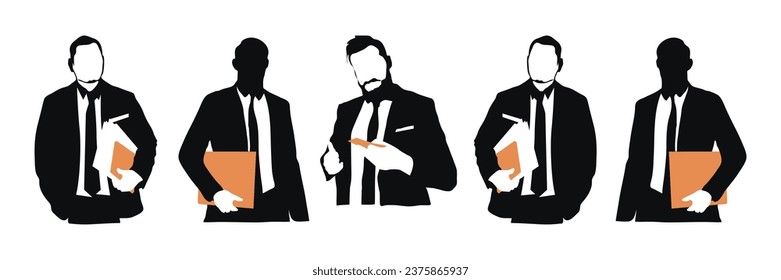 Colección de siluetas de hombres de negocios en diferentes poses, algunos portando documentos. Ilustración de vectores de recursos humanos de grupos de personas de negocios