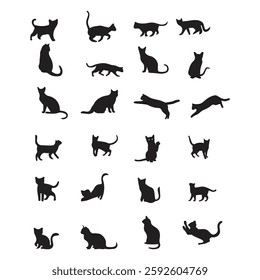  Silhouette Collection of Cats in Various Poses on White Background