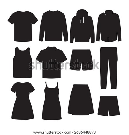 Silhouette Collection of Clothing Items Featuring a T-Shirt, Sweater, Hoodie, Jacket, Tank Top, Shorts, Dresses, Skirt, and Pants