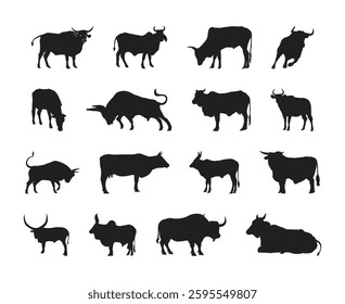 Silhouette Collection of Cows and Bulls, Hand drawn cow set vector illustration.