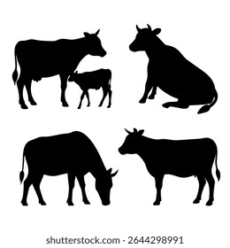 Silhouette Collection Cows and Calves - Farm Animal Vector Graphics