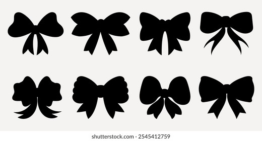 Silhouette Collection of Decorative Ribbons in Hand-Drawn Retro Style. Simple bowknot. Modern collection of bowtie. Perfectly suited for holidays, festive decorations. Vector illustration