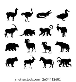 Coleção de silhuetas representando vários animais, incluindo mamíferos, répteis e pássaros em preto e branco