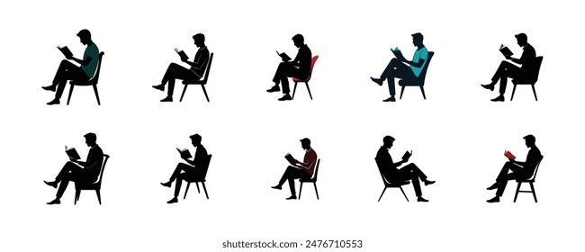 Silhouette Collection of Different Types of Man Sitting on a Chair Reading a Book