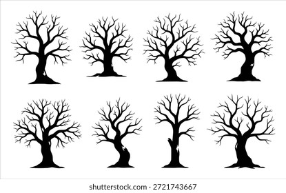 Silueta de una colección de ocho árboles desnudos distintos 