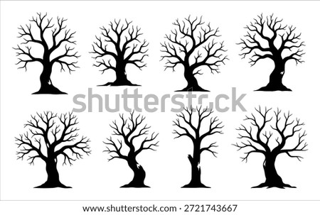 silhouette of a collection of eight distinct bare tree 