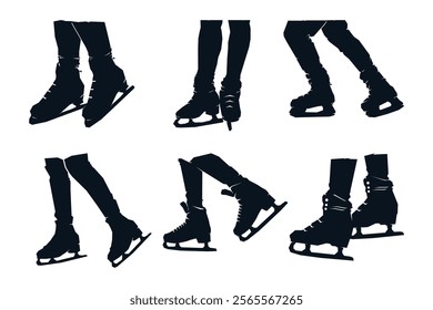 Silhouette collection of feet ice skating with skates on an ice rink. Vector logo illustration