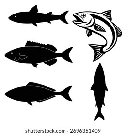 Colección de la silueta de cinco peces diferentes sobre fondo blanco
