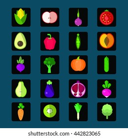 Silhouette  collection of fresh healthy fruits and vegetables made in flat style - each one is isolated for easy use. 
