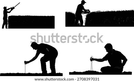 Silhouette collection of gardeners pruning hedges and planting seedlings