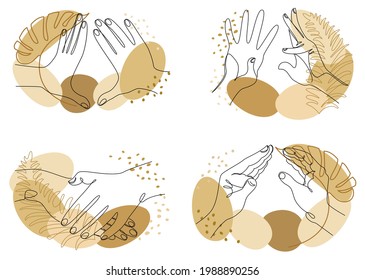 Silhouette Collection of human hands. Applause concepts in a modern one line style with plant leaves. Solid line sketches for decor, posters, stickers, logo. Vector illustration set.