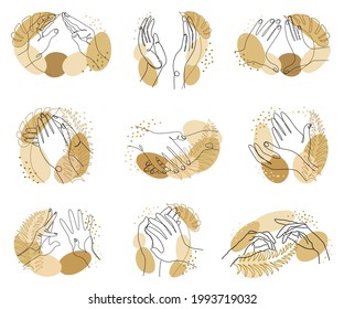 Silhouette Collection of human hands. Applause concepts in a modern one line style with plant leaves. Solid line sketches for decor, posters, stickers, logo. Vector illustration set.
