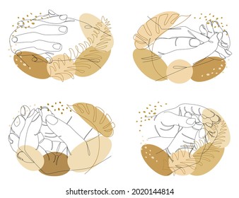 Silhouette Sammlung von menschlichen Händen. Applaus-Konzepte in einem modernen Einzeilenstil mit Pflanzenblättern. Solide Linienskizzen für die Dekoration, Plakate, Aufkleber, Logo. Vektorgrafik-Set.