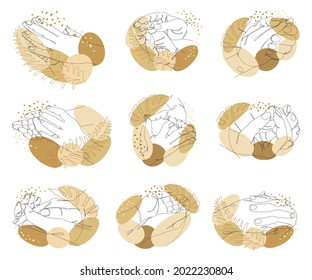 Colección de siluetas de manos humanas. Aplausos en un estilo moderno de una línea con hojas de planta. Esbozos de línea sólida para la decoración, afiches, pegatinas, logotipo. Conjunto de ilustraciones vectoriales.