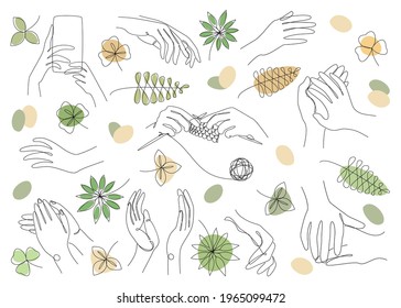 Silhouette Collection of human hands. Palms concept in modern style with one line with plant leaves. Solid sketches for decor, posters, stickers, logo. Set of vector illustrations.