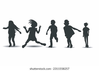 silhouette collection of little kids playing, running, jumping, dancing, laughing and joking vector illustration