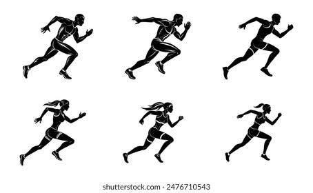 Silhouette Collection of Man and Woman Runners in Motion