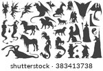 Silhouette collection of mythological people, monsters, creatures: Fairy, elf, nymph,magician,unicorn,gin,dragon,hydra,chimera,mermaid,griffin,sphinx,vampire...Hand drawn vector illustration,set.