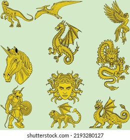 Colección de siluetas de personas mitológicas, monstruos, criaturas: Hadas, elfo, ninfa, mago, unicornio, gin, dragón, hidra, quimera, sirena, griffin, esfinge, vampiro... ilustración vectorial dibujada a mano,set.