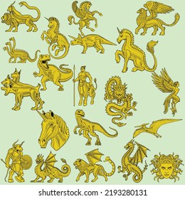 Colección de siluetas de personas mitológicas, monstruos, criaturas: Hadas, elfo, ninfa, mago, unicornio, gin, dragón, hidra, quimera, sirena, griffin, esfinge, vampiro... ilustración vectorial dibujada a mano,set.