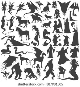 Silhouette collection of mythological people, monsters, creatures: Fairy, elf, nymph,magician,unicorn,gin,dragon,hydra,chimera,mermaid,griffin,sphinx,vampire...Hand drawn vector illustration,set.