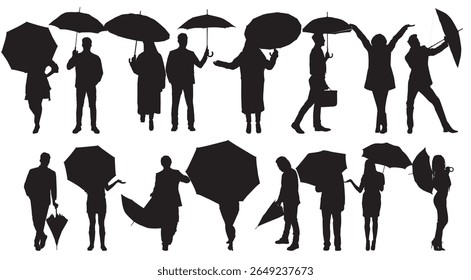 silhueta coleção de pessoas segurando estação chuvosa guarda-chuva