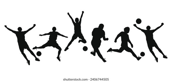 Silhouette collection of people playing football in various poses
