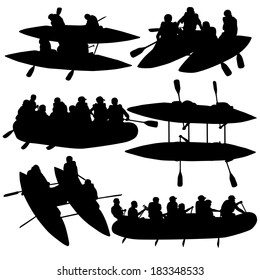 Silhouette collection people rafters on boats,  catamaran and kayaks.  Vector illustration.