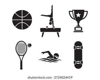 Coleção de silhuetas representando vários esportes físicos populares, incluindo ginástica de basquete realização esportes aquáticos e elementos de recreação ao ar livre